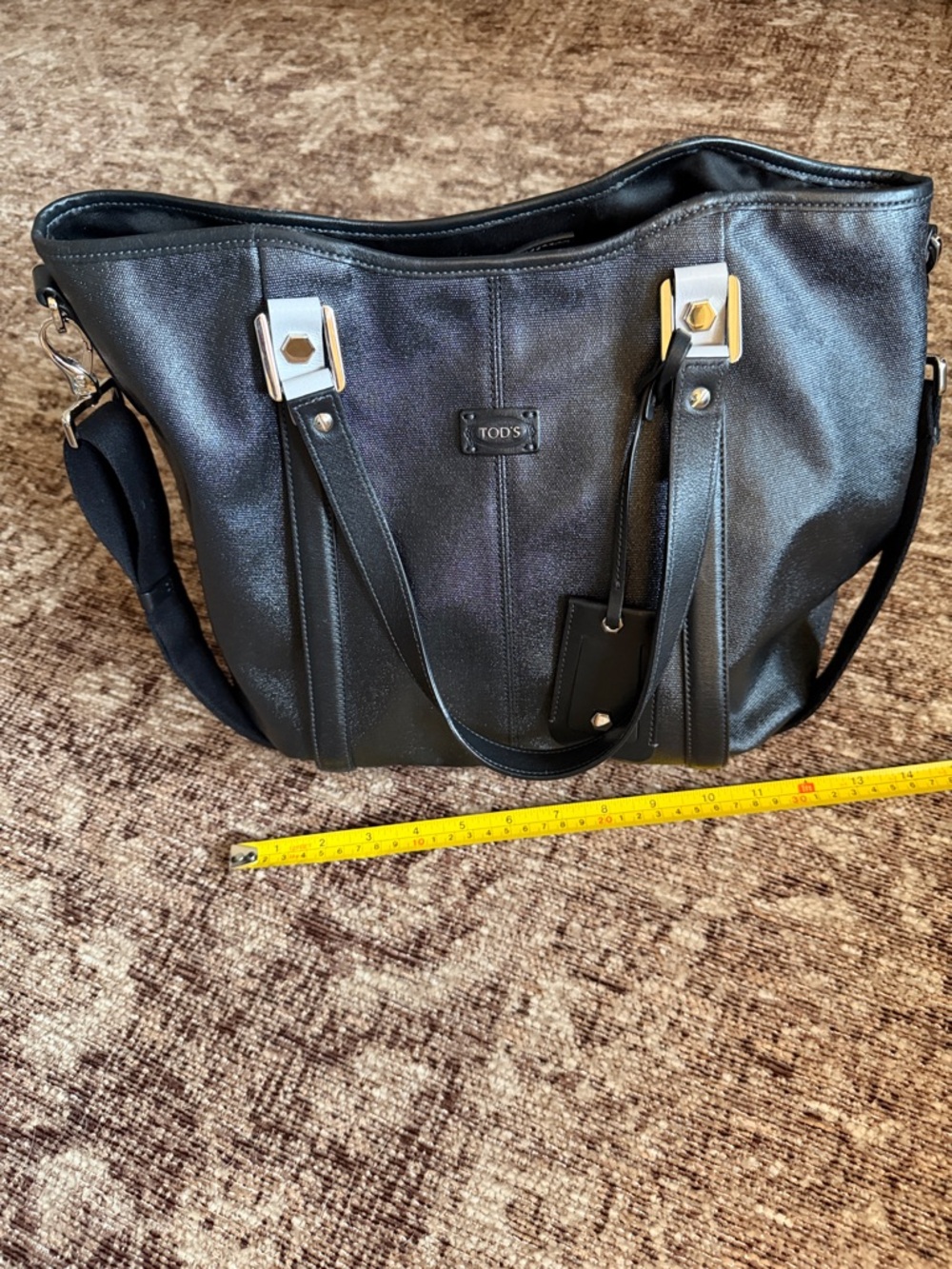 Tod's Black Coated Canvas Tote with Signature Hardware and Shoulder Strap